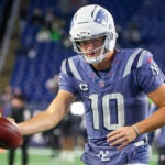 Patriots quarterback Drake Maye #10 wearing their Nor’easter uniforms before they play the New York Jets. The New England Patriots played the New York Jets at Gillette Stadium on November 13, 2025.