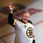 Boston Bruins vs Toronto Maple Leafs- A pregame ceremony honored the 2011 Stanley Cup winning Bruins team. Goalie Tim Thomas waves to the crowd.
