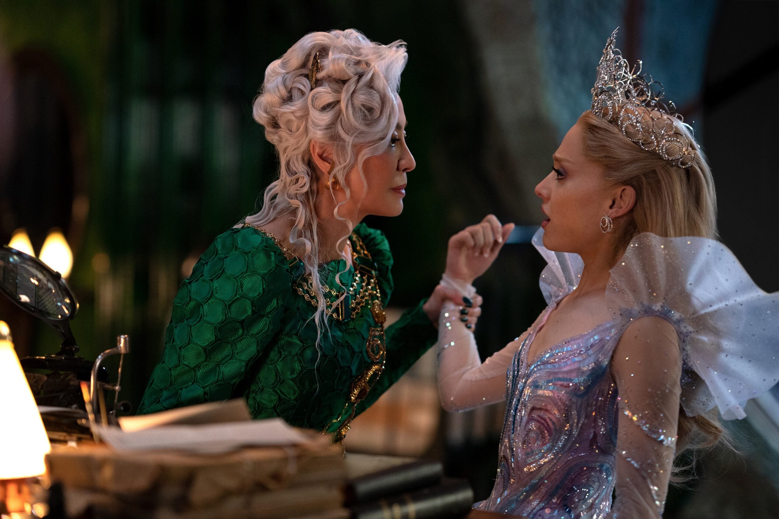 Michelle Yeoh as Madame Morrible, left, and Ariana Grande as Glinda in &ldquo;Wicked: For Good.&rdquo;