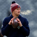 New England Patriots quarterback Drake Maye during warmups. The New England Patriots played the New York Jets at MetLife Stadium on December 28, 2025.
