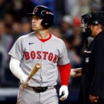 Boston Red Sox third baseman Alex Bregman (2) strikes out during Game 3 of the Wild Card playoff series at Yankee Stadium on Oct. 2, 2025, in New York.