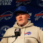 Buffalo Bills head coach Sean McDermott speaks at a news conference after an NFL football game against the New England Patriots in Foxborough, Mass., Sunday, Dec. 14, 2025.