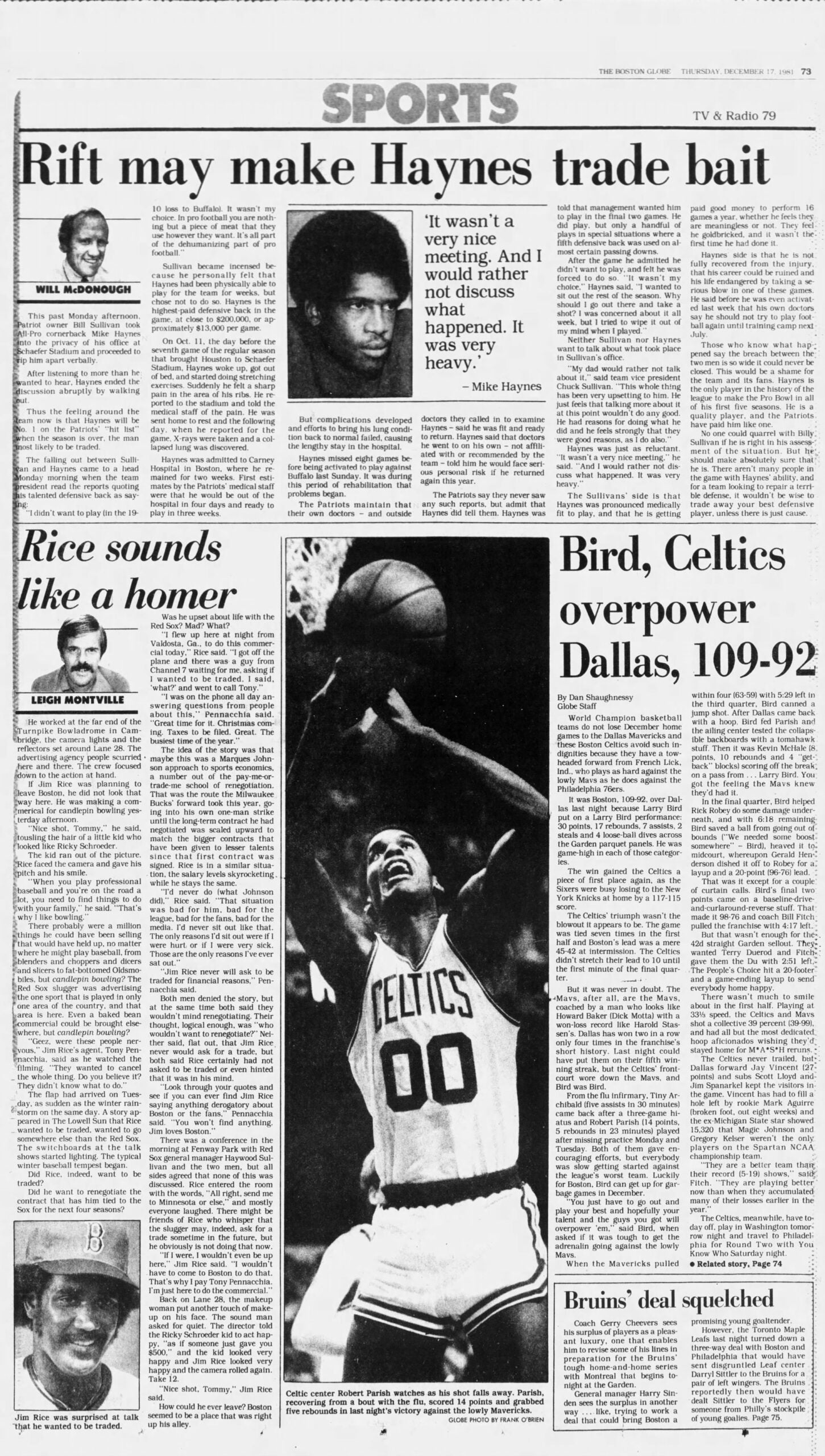 Boston Globe Sports Dec. 1981
