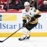 Boston Bruins right wing David Pastrnak (88) in action during the first period of an NHL hockey game against the Washington Capitals, Wednesday, October 8, 2025, in Washington.