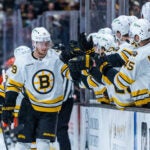Boston Bruins center Morgan Geekie (39) celebrates after scoring against the Anaheim Ducks during the third period of an NHL hockey game Wednesday, Nov. 19, 2025, in Anaheim, Calif.