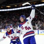 ST PAUL, MINNESOTA - DECEMBER 29: James Hagens #10 of the United States celebrates his goal against Slovakia in the second period of a Group A stage game during the IIHF World Junior Hockey Championship at Grand Casino Arena on December 29, 2025 in St Paul, Minnesota.