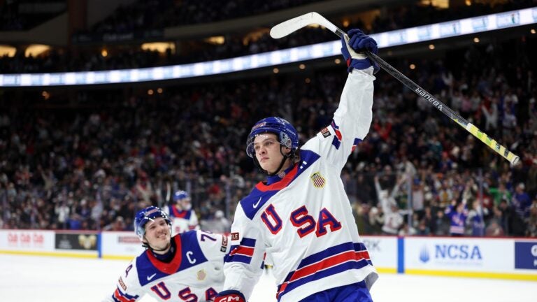 ST PAUL, MINNESOTA - DECEMBER 29: James Hagens #10 of the United States celebrates his goal against Slovakia in the second period of a Group A stage game during the IIHF World Junior Hockey Championship at Grand Casino Arena on December 29, 2025 in St Paul, Minnesota.