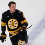 Boston Bruins defenseman Nikita Zadorov (91) before an NHL hockey game, Tuesday, Dec. 16, 2025, in Boston.