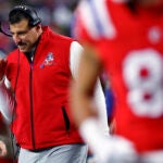 New England Patriots head coach Mike Vrabel reacts after wide receiver Kyle Williams (not pictured) scores a touchdown during the second quarter. The New England Patriots played the New York Giants at Gillette Stadium on December 1, 2025.