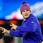 New England Patriots quarterback Drake Maye (10) throws during warmups. The New England Patriots played the New York Giants at Gillette Stadium on December 1, 2025.
