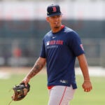 Boston Red Sox second base Vaughn Grissom (5) works out during spring training at JetBlue Park.