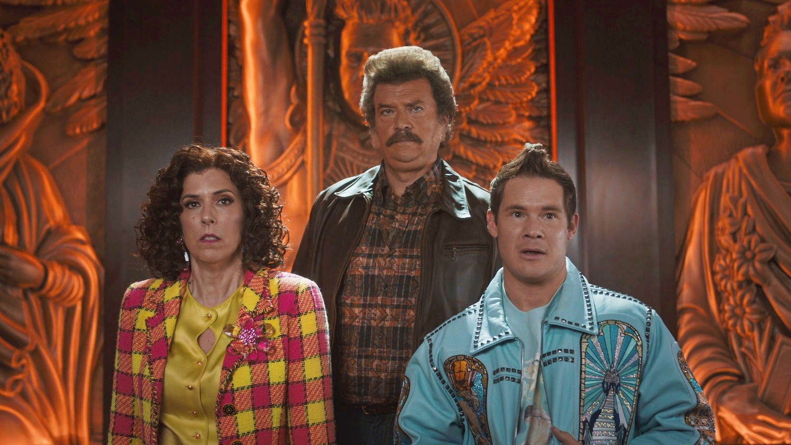 Edi Patterson, left, Danny McBride, center, and Adam Devine in a scene from 