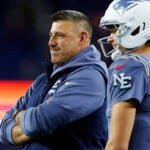 New England Patriots head coach Mike Vrabel and quarterback Drake Maye (10) talk during warmups. The New England Patriots played the New York Jets at Gillette Stadium on November 13, 2025.