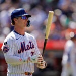 New York Mets' Pete Alonso reacts during the fifth inning of a baseball game against the New York Yankees, Sunday, July 6, 2025, in New York.