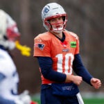 New England Patriots quarterback Drake Maye (10) during practice at Gillette Stadium on Dec. 24, 2025.