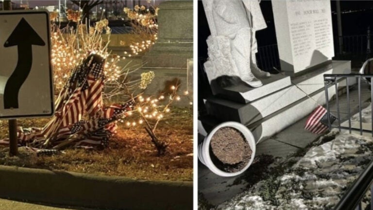 Three South Boston memorials with American flags were found vandalized Wednesday morning.