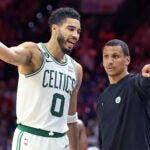 The Celtics Jayson Tatum (left) and head coach Joe Mazzulla (right) confer on the sidelines during the fourth quarter. The Boston Celtics visited the Philadelphia 76ers for Game Six of their NBA Eastern Conference Semi Final basketball series at the Wells Fargo Center.