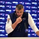 Patriots head coach Mike Vrabel pauses as he listens to a reporter’s quetion about Patriots Stefon Diggs at the Gillette Stadium media room.