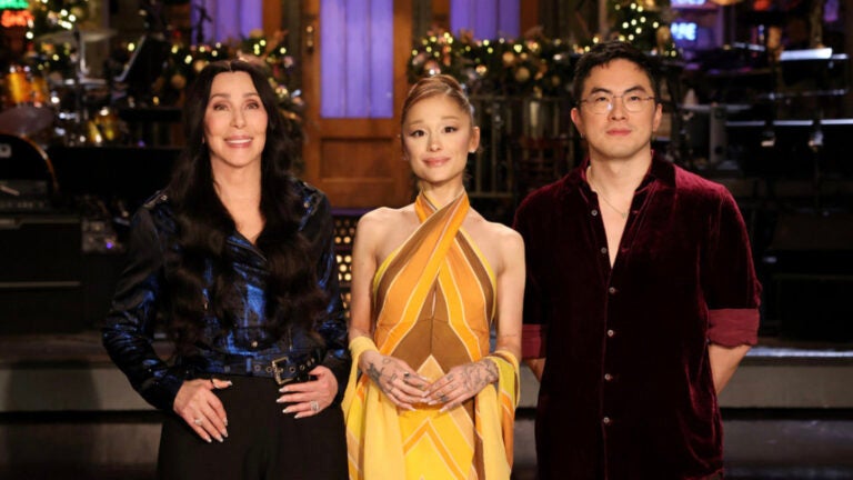 Musical guest Cher, host Ariana Grande, and cast member Bowen Yang ahead of the December 20, 2025 episode of "Saturday Night Live."