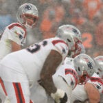 New England Patriots quarterback Drake Maye (10) and the offensive line during the fourth quarter in the AFC Championship game. The New England Patriots played the Denver Broncos at Empower Field at Mile High on January 25, 2026.