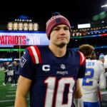 New England Patriots quarterback Drake Maye (10) on the field after defeating the Los Angeles Chargers. The New England Patriots played the Los Angeles Chargers in the AFC Wild Card game at Gillette Stadium on January 11, 2026.
