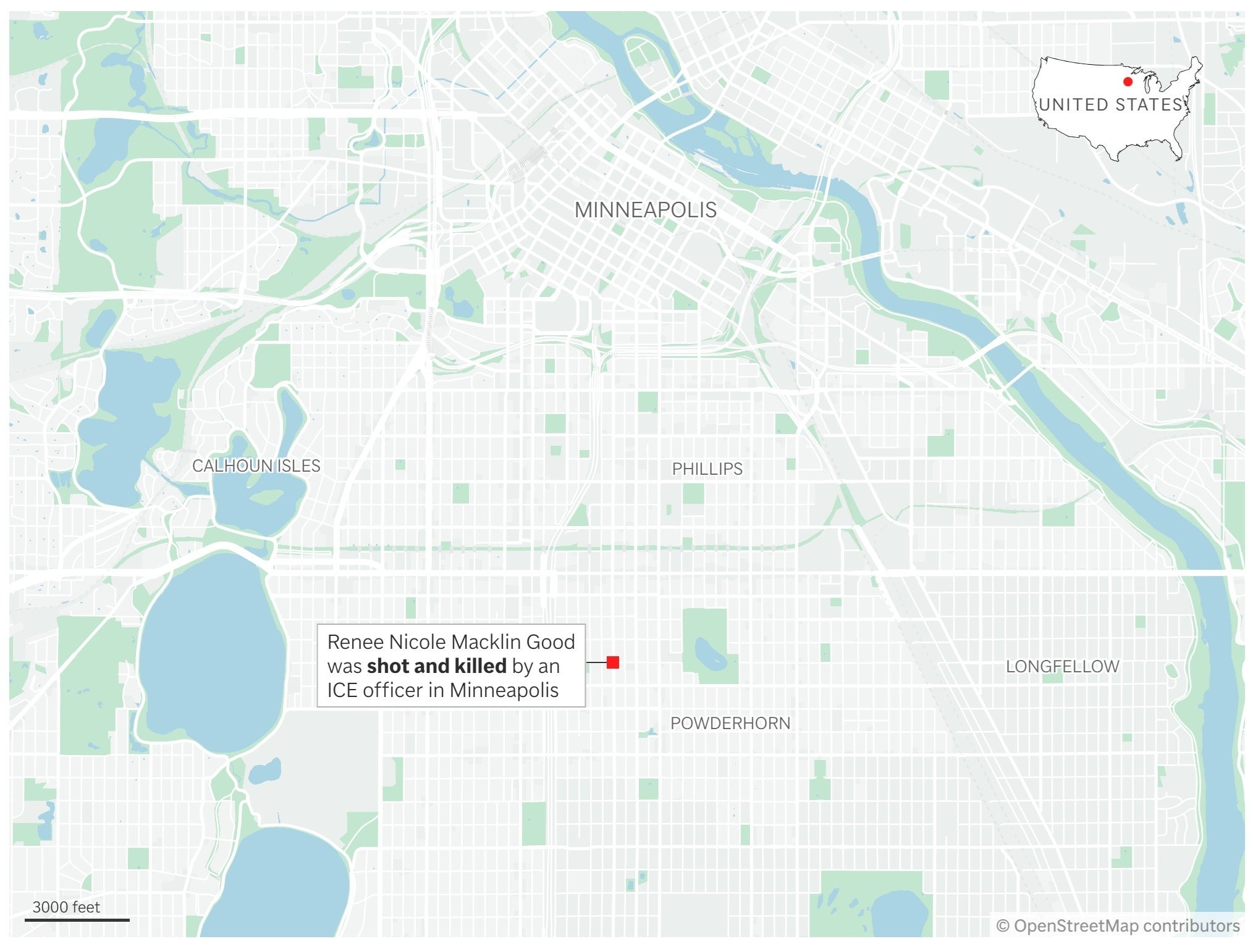 private eye A map showing where a woman was shot and killed by an ICE officer in Minneapolis, Minnesota.
