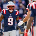 New England Patriots wide receiver Kayshon Boutte (9) celebrates with teammates after scoring a touchdown during the second half of an NFL football game against the Cleveland Browns, Sunday, Oct. 26, 2025, in Foxborough, Mass.