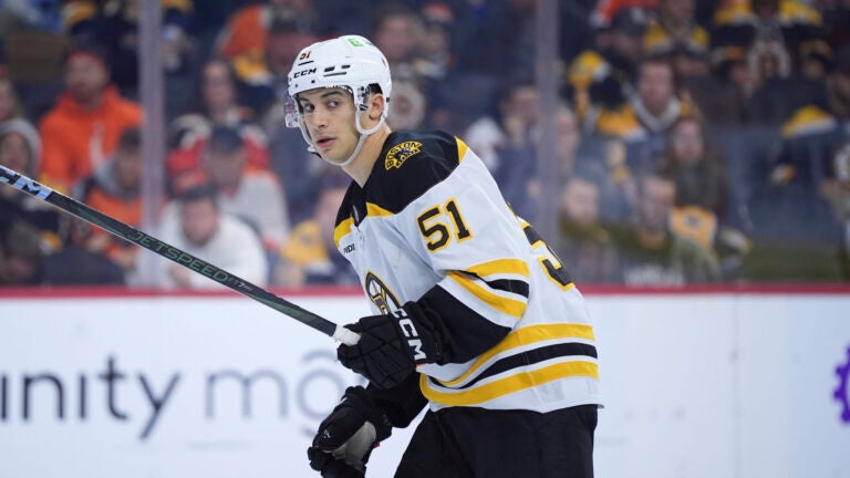 Boston Bruins' Matthew Poitras plays during an NHL hockey game, Saturday, Nov. 2, 2024, in Philadelphia.