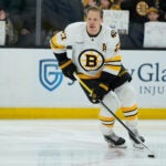 Boston Bruins defenseman Hampus Lindholm (27) skates during pregame warmups before an NHL hockey game against the Montreal Canadiens in Boston, Saturday, Jan. 24, 2026.