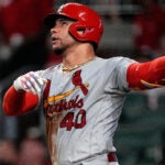 St. Louis Cardinals' Willson Contreras (40) watches his solo home run in the seventh inning of a baseball game against the Atlanta Braves Sept. 6, 2023, in Atlanta.