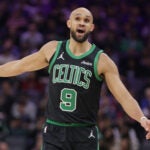 Boston Celtics guard Derrick White reacts after not getting a foul call against the Sacramento Kings during the first half of an NBA basketball game Thursday, Jan. 1, 2026, in Sacramento, Calif.