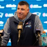 New England Patriots head coach Mike Vrabel speaks at a news conference after an NFL wild-card playoff football game against the Los Angeles Chargers in Foxborough, Mass., Sunday, Jan. 11, 2026.