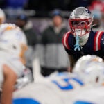 New England Patriots cornerback Christian Gonzalez during an NFL wild-card playoff football game, Sunday, Jan. 11, 2026, in Foxborough, Mass.