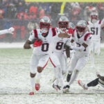 New England Patriots cornerback Christian Gonzalez (0) reacts after intercepting a pass during the fourth quarter. The New England Patriots played the Denver Broncos in the AFC Championship football game at Empower Field at Mile High on Sunday, January 25, 2026.