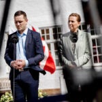 Denmark's Prime Minister Mette Frederiksen, right, and Greenland's Prime Minister Jens-Frederik Nielsen, left, speak on April 27, 2025, in Marienborg, Denmark.