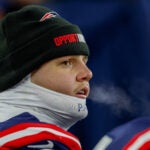 New England Patriots offensive tackle Will Campbell (66) breathes in the cold air during the first half of an NFL football game against the Miami Dolphins, Sunday, Jan. 4, 2026, in Foxborough, Mass.
