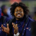 New England Patriots wide receiver Stefon Diggs (8) reacts during the first half of an NFL football game against the Miami Dolphins, Sunday, Jan. 4, 2026, in Foxborough, Mass.