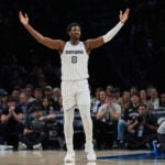 Memphis Grizzlies forward Jaren Jackson Jr. (8) looks toward a referee during the first half of an NBA basketball game against the Minnesota Timberwolves, Wednesday, Dec. 17, 2025, in Minneapolis.