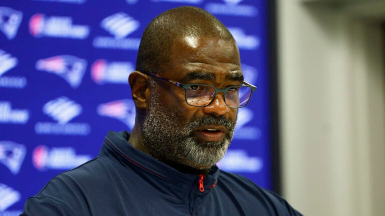 New England Patriots defensive coordinator Terrell Williams talks to reporters after practice at Gillette Stadium on Sept. 4, 2025.