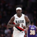 Portland Trail Blazers guard Jrue Holiday (5) plays against the Los Angeles Lakers during an NBA basketball game Monday, Nov. 3, 2025, in Portland, Ore.