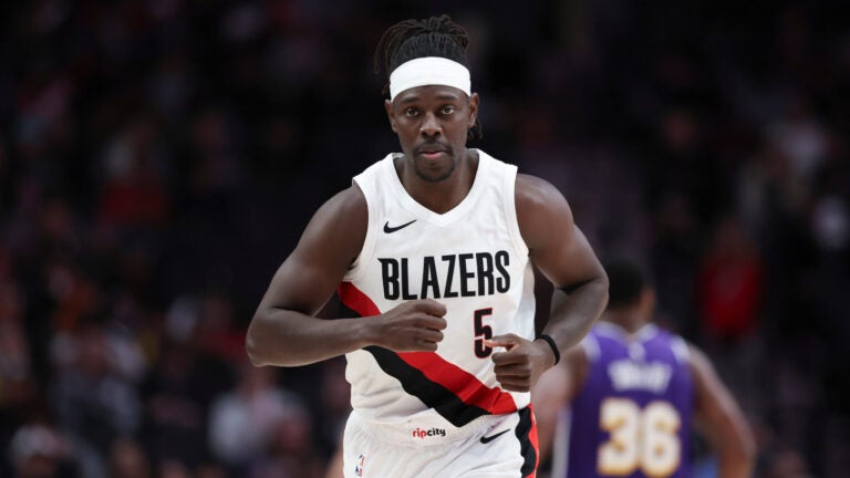 Portland Trail Blazers guard Jrue Holiday (5) plays against the Los Angeles Lakers during an NBA basketball game Monday, Nov. 3, 2025, in Portland, Ore.