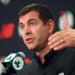 President of basketball operations Brad Stevens speaks at a news conference during the Boston Celtics NBA basketball media day, Monday, Sept. 29, 2025, in Boston.