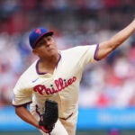 Philadelphia Phillies pitcher Ranger Suárez throws during the first inning of a baseball game against the Washington Nationals, Sunday, Aug. 24, 2025, in Philadelphia.