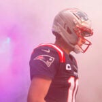 New England Patriots quarterback Drake Maye (10) walks out onto the field. The New England Patriots played the Houston Texans in the NFL divisional round playoff game at Gillette Stadium on January 18, 2026.