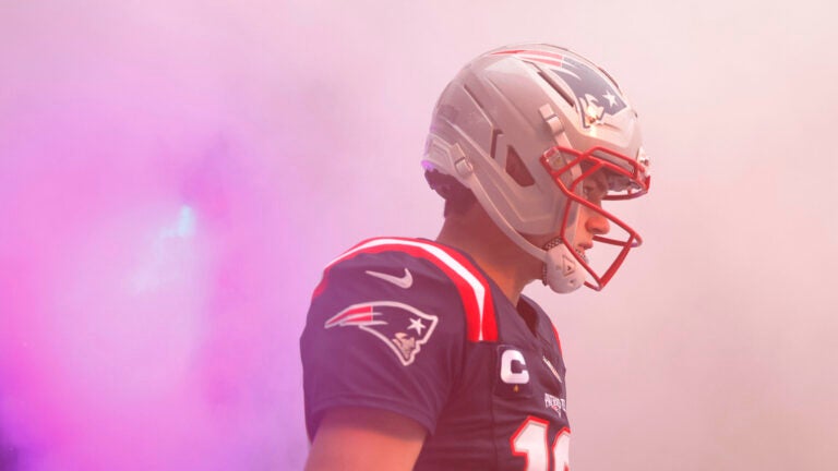 New England Patriots quarterback Drake Maye (10) walks out onto the field. The New England Patriots played the Houston Texans in the NFL divisional round playoff game at Gillette Stadium on January 18, 2026.
