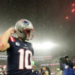New England Patriots quarterback Drake Maye (10) walks off the field after an NFL divisional playoff football game against the Houston Texans, Sunday, Jan. 18, 2026, in Foxborough, Mass.