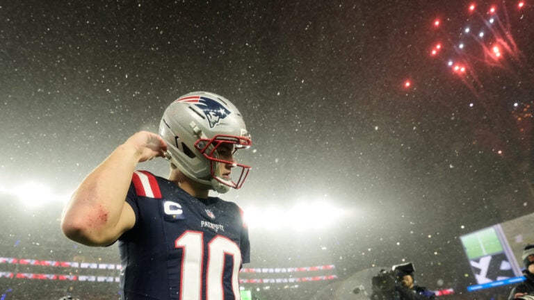 New England Patriots quarterback Drake Maye (10) walks off the field after an NFL divisional playoff football game against the Houston Texans, Sunday, Jan. 18, 2026, in Foxborough, Mass.