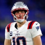 New England Patriots quarterback Drake Maye (10) on the field during warmups. The New England Patriots played the Baltimore Ravens at M&T Bank Stadium on Dec. 21, 2025.