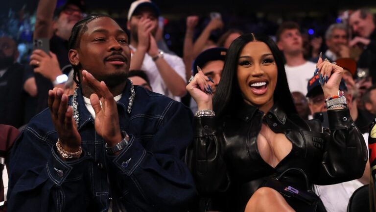 Player Stefon Diggs and rapper Cardi B sits court-side during the first quarter in Game Four of the Eastern Conference Second Round NBA Playoffs between the Boston Celtics and the New York Knicks at Madison Square Garden on May 12, 2025 in New York City.