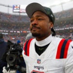 Denver, CO - 1/25/26 - New England Patriots wide receiver Stefon Diggs (8) reacts to defeating the Denver Broncos in the AFC Championship game at Empower Field at Mile High on January 25, 2026.